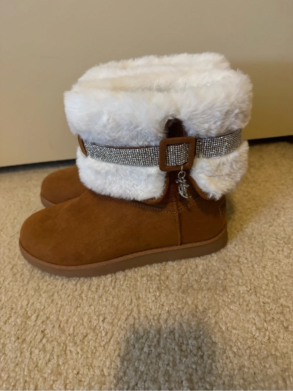 Juicy Couture Brown Suede Faux Fur Cuff Rhinestone Strap Boots